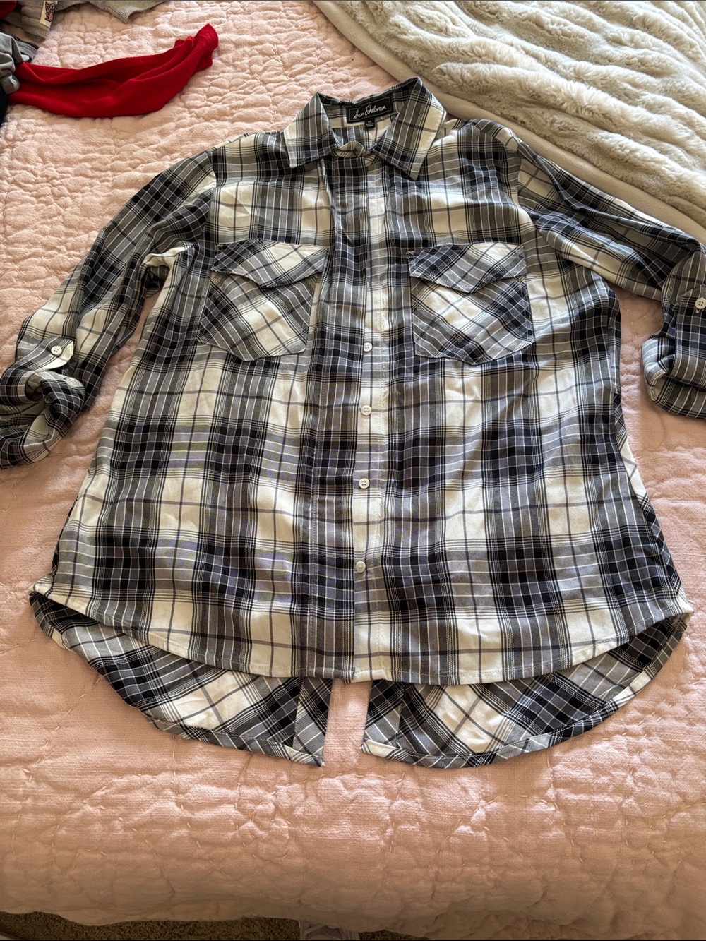 Sam Edelman Black Gray and White Plaid Button-Up Blouse